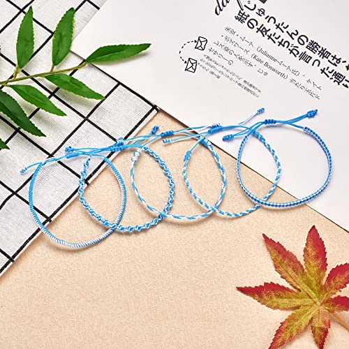Ornaland 5 Pcs 5 Styles Nylon Thread Woven Braided Bracelets Set Handmade Braided Rope Bracelets Surfer Stretch Friendship Bracelets Adjustable Wrist Cord for Women Men, Light Sky Blue2