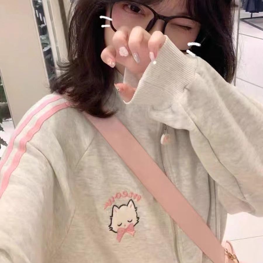 ZITEZHGO Kawaii Cat Kitty Zip Up Hoodie Coat Jacket Girl Teen Women Long Sleeve Japanese Top Clothes2