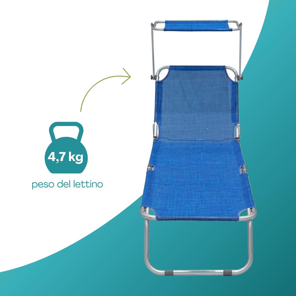PALUPLUS Lettino Prendisole Pieghevole con Tetto Parasole con BORSA Portalettino, Misura 180x55x90 cm, Tessuto Textilene, Struttura Metallo Tubolare da 18mm, Peso Max 120kg -9301F (Blu)