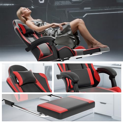 Image of Athena Collection Ergonomic Gaming Chair for Adults, Red | Height Adjustable Office Chair Computer Desk Chair with Footrest & Headrest Lumbar Support for Office & Home, 350lbs