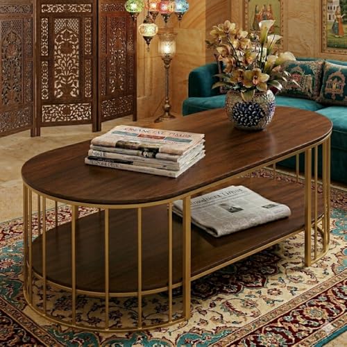 Image of Shoppee Rectangular Coffee Table Modern 2-Tier Center Table with Marble Finish Top Gold Metal Frame Stylish Sofa Table Elegant Cocktail for Living Room /Drawing /Dining Room (Black & Brown)