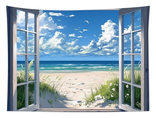 EOBTAIN Coastal Beach Tapestry Blue Ocean and Sky outside the Window Landscape Tapestries Hanging Decor Summer Nature Poster Tapestry Wall Hanging for Bedroom Living Room 60x40 Inch