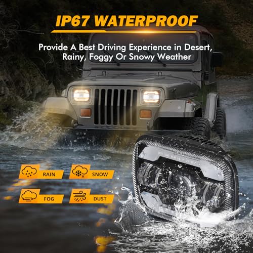 Auxbeam - 5x7x6 Inch Black LED Headlights with DRL & Turn Signal High/Low Beam H6054 Rectangular LED Headlights for Jeep Wrangler YJ Cherokee XJ H6054 H5054 H6054LL 69822 6052 6053