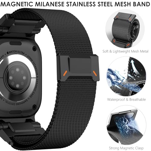 WINGLE Magnetic Mesh Loop for Apple Watch Band Ultra 4/3/2/1 49mm 46mm 45mm 44mm 42mm Men Series 12 11 10 9 8 7 6 5 4 SE 3 2 1, iWatch Mesh Milanese Loop with Rugged Stainless Steel Connector, Black - image 4