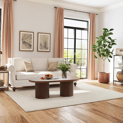Image of Oval Fluted Coffee Table for Living Room, Modern Small Coffee Table,Walnut | Mid Century Modern Coffee Table with Fluted Legs, Wooden Center Table for Home Office Cafe, Vintage, 39.38 inch x 19.69 inch x 13.78 inch