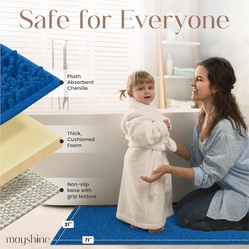 Image of MAYSHINE Chenille Plush Runner Rug, Dark Blue, 71x31 in, Machine Washable, Non-Slip Door Mat, Bath Mat with Water Absorbent Quick Drying Microfiber Shag Carpet