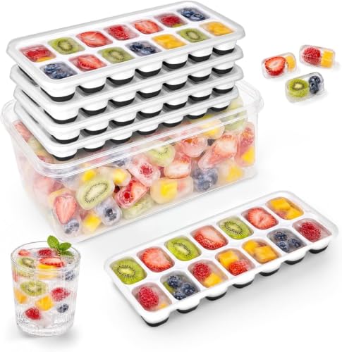 Ice Cube Tray 5 Pack with Lid & Storage Bin – Stackable Silicone Ice Cube Tray for Freezer, Easy Push Release, BPA-Free, 70 Cubes Rectangular Ice Mold for Cocktails, Whiskey, Coffee & Drinks – Black