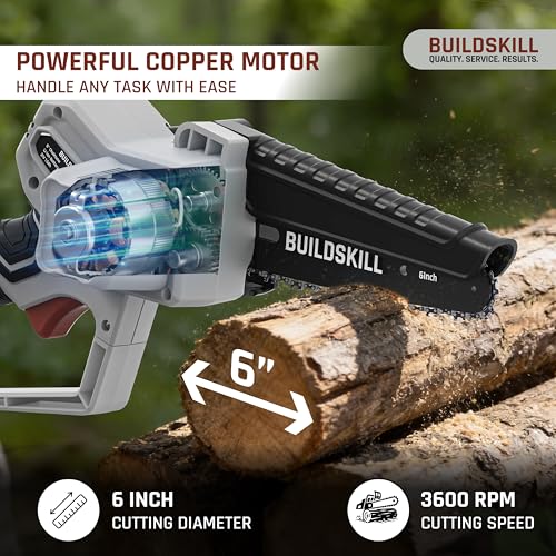 Image of BUILDSKILL 21V Cordless Chainsaw Machine | 6 inch Bar | 3600 RPM Copper Motor | 2 x 1.5AH Battery | Chain tensioning button, safety lock | Mini Chainsaw Machine for Wood Cutting, Gardening & DIY Use