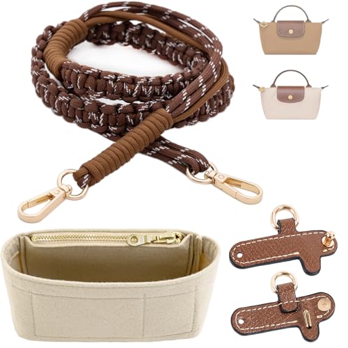 Image of Hand-Braided Paracord Strap & Mini Bag Organizer Set for Longchamp Mini No-Punch Conversion Kit, Includes Handwoven Adjustable Strap & Felt Inner Liner Brown & Beige