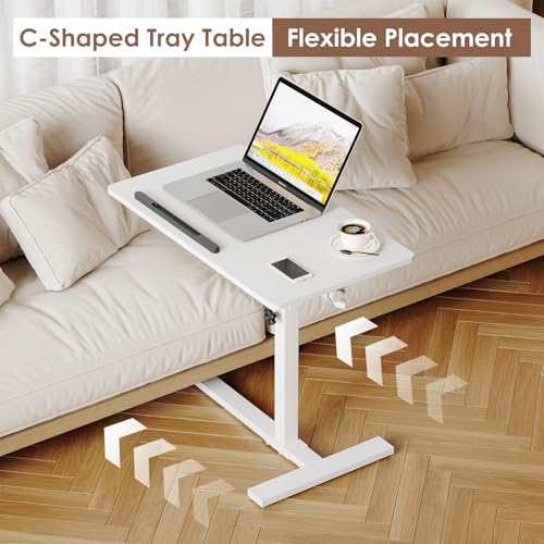 Image of Laptop Desk Bedside Table with Wheels Laptop Stand for Couch Adjustable Tv Tray C End Table, Mobile Sofa Snack Table with Tiltable Top, White