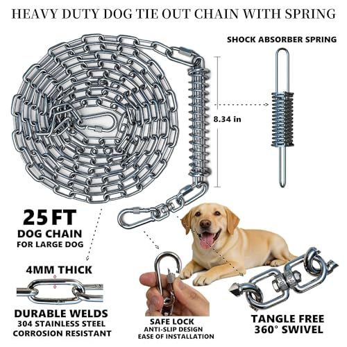 Image of Heavy Duty Dog Tie Out Chain with Spring for Yard, 304 Stainless Steel 4MM Chew Proof Metal Leash for Large Dogs, 200lbs Shock Absorbing Dog Runner Cable (1 Spring+Chain /25ft)