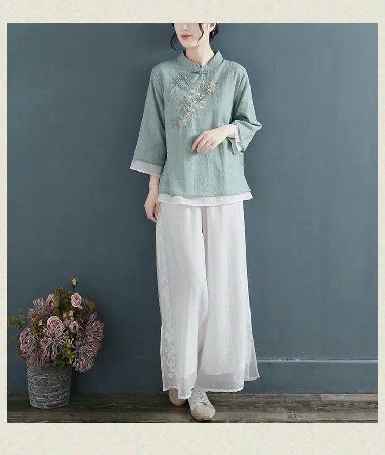 JYHBHMZG Women's Spring Summer Chinese Style Fake Two-Piece Cotton Linen Blouse Retro Frog Button 3/4 Sleeve Embroidered Top