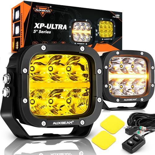 Image of Auxbeam XP-Ultra Series 5-Inch Amber DRL 3-Mode Offroad Cube Lights 2-Pack | 132W 15600LM, Spot Flood Combo, Dual Color Temp, Amber White Lens Covers, IP68 Waterproof, Plug and Play, Universal Fit