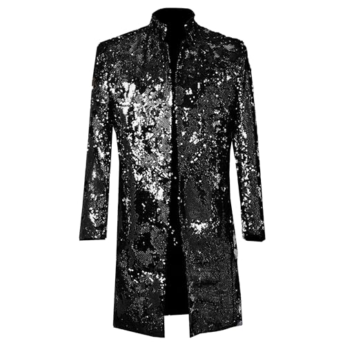 Men's Sequin Shiny Long Suit Jacket Open Front Loose Fit Tuxedo Suits Stylish Disco Prom Party Suit Coat