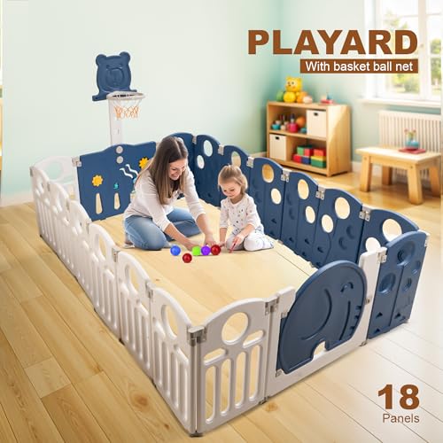 Image of Baybee 2 in 1 Foldable Kids Playpen for Babies | Baby Play Area Indoor Setup with Basketball Set, Sensory Toys, Safety Lock, & Double Knob | Outdoor Play Pen for Kids for 0-5 Years | Baby Activity Playards for 0-5 Years (18 Panels)