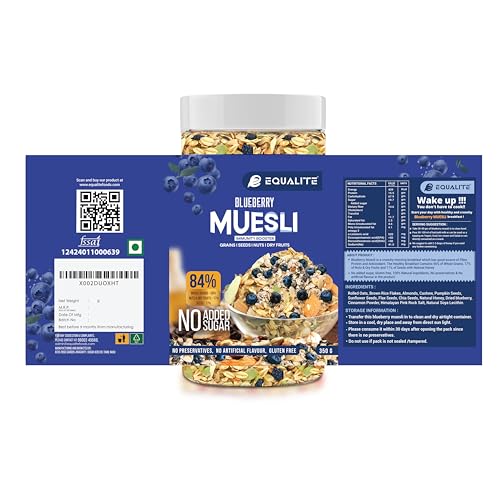 Image of Equalite Blueberry Muesli I Dry fruits I Muesli I Fruit and Nuts I No added sugar I Granola I High protein I Breakfast I Healthy food I Protein food I Gluten Free |No preservatives | High fiber | Omega-3 | High Minerals & Vitamins |Weight loss food I Equalite foods | 350g