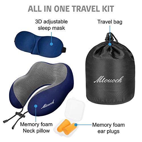 MTOUOCK Travel Pillow, 100% Pure Memory Foam Neck Pillow, Comfortable & Breathable Cover, Machine Washable Airplane Travel Kit with 3D Sleep Mask, Earplugs, and Travel Bag, Blue - Thumbnail 5