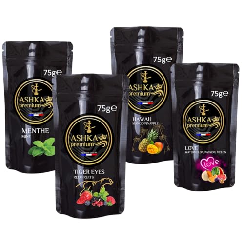Ashka Premium goût chicha Pack Découverte 300g - 4 saveurs de 75g - arôme shisha Tiger eyes, Hawaii, Love, Menthe