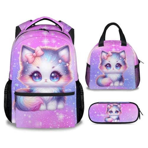 GiftoFLUX Cat Backpack for Girls - 3Pcs Water-Resistant School Bag Set with Lunch Bag & Pencil Case for Toddler, Kindergarten Preschool Elementary Bookbag (17 Inch)