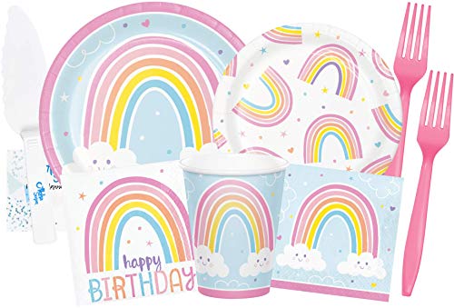 Rainbow Party Supplies and Decorations - Pastel Rainbow Party Plates and Napkins Cups & Forks for 16 People - Perfect Rainbow Birthday Party Decorations and Rainbow Birthday Party Supplies!