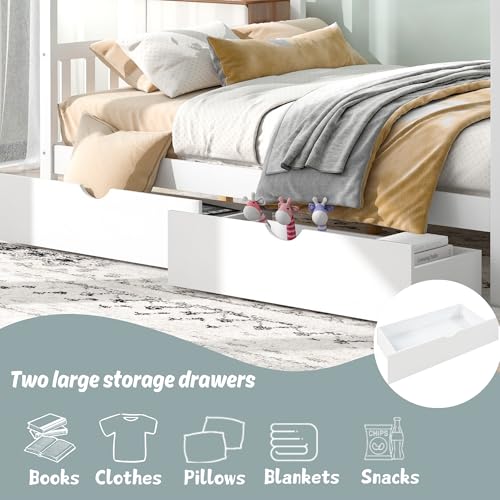 House-Beds-Wood-Platform-Bed-Frame-with-Storage-Drawers-Full-Size-Platform-Bed-with-Headboard-Footboard-for-Kids-Boys-Girls-Teens-White House Beds Wood Platform Bed Frame with Storage Drawers Full Size Platform Bed with Headboard Footboard for Kids Boys Girls Teens White