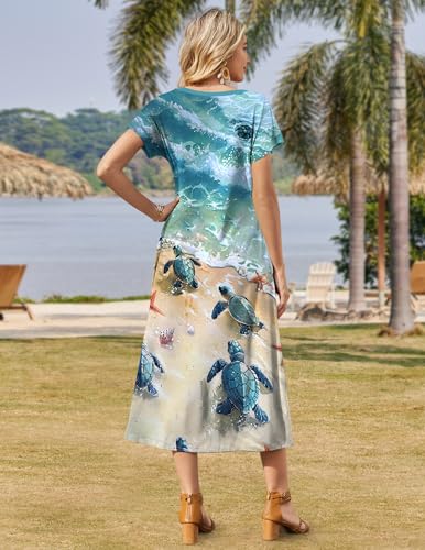 Image of Zeagoo Women Summer Floral Dress Short Sleeve Beach Dress with Pockets Casual V-Neck Split Long T-Shirt Dress Travel Vacation