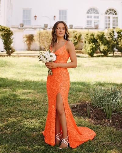 Spaghetti Straps Sequin Prom Dresses 2025 Mermaid Formal Evening Gown V Neck Sparkly Party Dress with Slit2