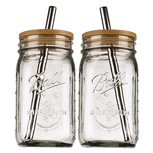 Reusable Boba Bubble Tea & Smoothie Cups - 2 Glass Wide Mouth 32 oz Mason Jars with Bamboo Lids - 2 Reusable Silver Stainless Steel Boba Straws