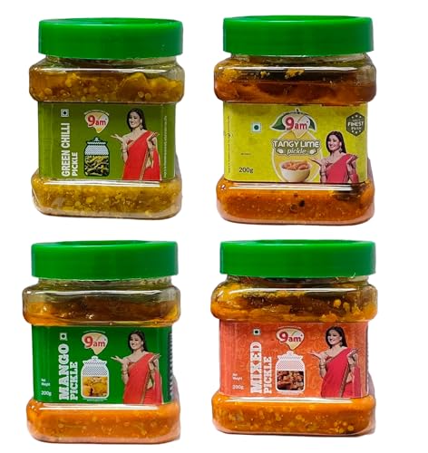 9am Combo of MIXED PICKLE, Mango Pickle, Green Chilli Pickle & Lime Pickle (Pack of 4, 200gm Each) | Made with Fresh vegetables | Natural Homemade Sour & Spicy Taste | (B0D8288BHD) Amazon Price History, Amazon Price Tracker