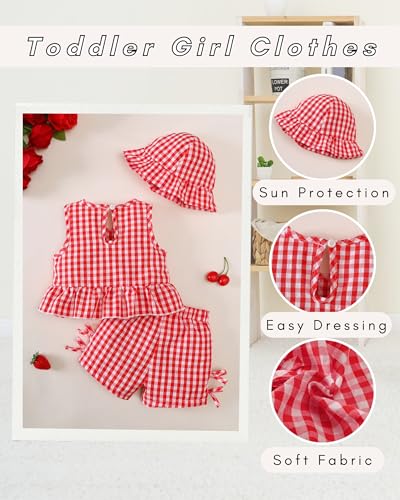 SODLON Toddler Girl Clothes 18-24 Months Baby Ruffle Sleeveless Tank Top Red Gingham Bowknot Shorts Sets with Hat Cute Infant Gifts Vintage Summer Outfits Clothing