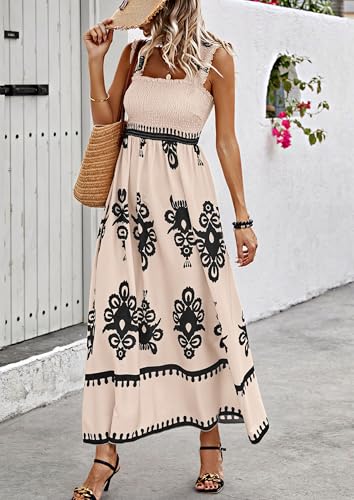 Image of PRETTYGARDEN Women's Sleveless Boho Maxi Dress | Boho Floral,Square Neck,Wide Ruffle Straps,with Pockets,Smocked A Line Dresses,Flowy Sundress for Summer Beach,Travel,Party