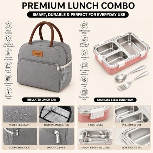Image of MISAMO ENTERPRISELunch Box with Insulated Lunch Bag Combo, 3 Compartment Stainless Steel Lunch Box with Spoon & Fork, Leak Proof Food Container for School, Office & Travel (Grey Bag+Pink Lunch Box)