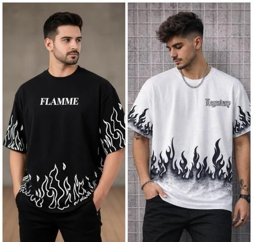 Image of Trending Fashionable Men Tshirt Combo Pack of 2 Cotton Blend Printed Short Sleeve Casual Daily Use Stylish Tee Set