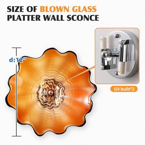 Image of Amber Glass Wall Light Dia 12 inch Wall Lamp with Murano Glass Shade Vintage Vanity Lighting Fixture with Metal Base Flush Mount Wall Sconce 2-Light for Bathroom, Bedroom, Bedside, Entryway