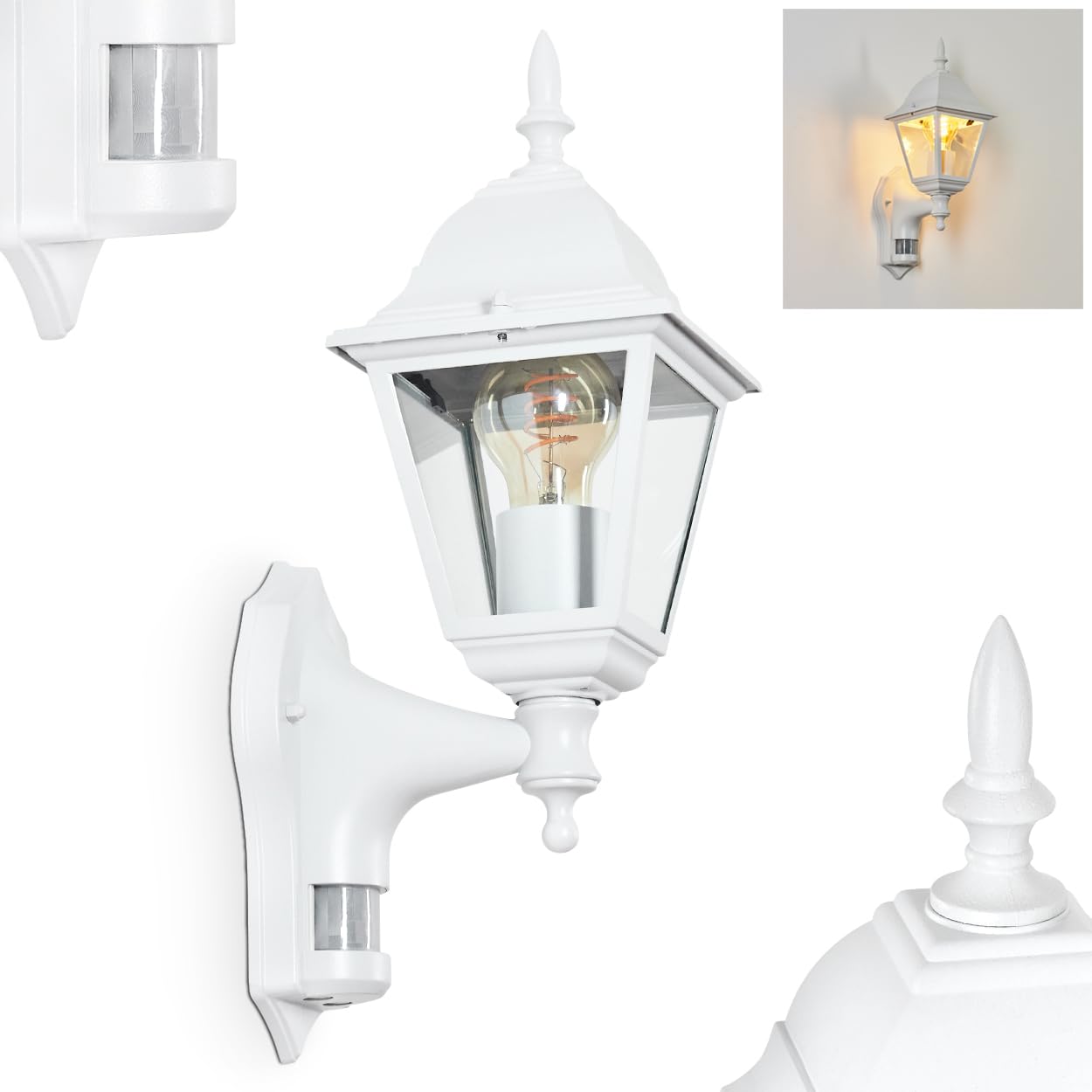 Zewnętrzna lampa ścienna Naofe, lampa ścienna z czujnikiem ruchu wykonana z metalu/szkła w kolorze białym/przezroczystym, lampa ścienna, lampa zewnętrzna na taras, E27, bez żarówki