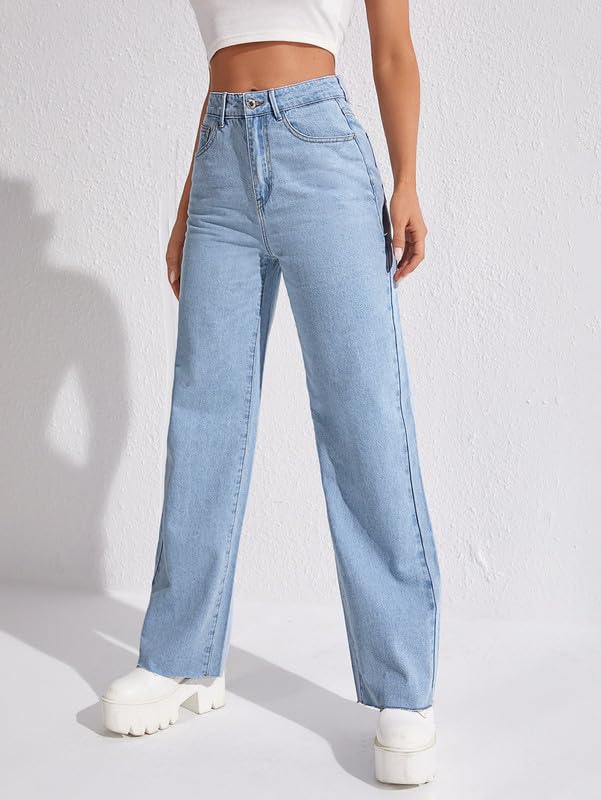 Image of DEELMO Women's High Waist Wide Leg Denim Jeans for Women | Straight Fit Full Length Casual Wear Pants