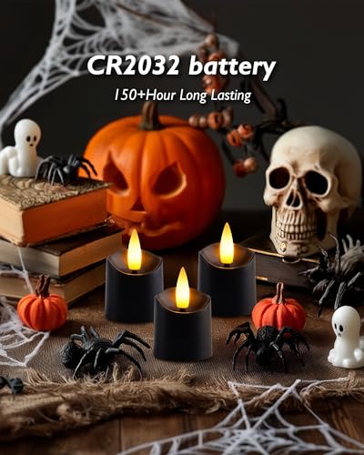 Image of Homemory 12Pack Timer Black Tea Lights Candles Battery Operated, Long Lasting Flameless LED Votive Candles, for Halloween Decorations, Theme Party, Table Decor-Black Base