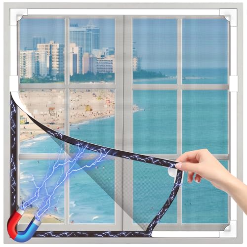OWYR Adjustable Magnetic Fly Screen Window - DIY Fit Up to 120x190cm, Fiberglass Insect Mesh for Mosquito Net & Bug Screen, Full Frame Magnetic Strip Easy Installation (White Frame Grey Net)