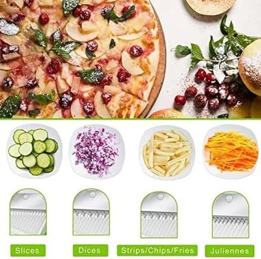 MayMax Cortadora de Alimentos 4 en 1, Mandolina Manual de Verduras con Cuchillas Intercambiables y Recipiente, para Rallar, Laminar y Cortar Patatas, Zanahorias, Queso y Frutas
