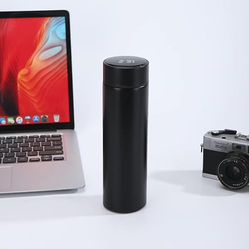 Slim Vacuum Flask with LED Temperature Display Lid 500ml (Black) | 304 Stainless Steel, Double-Wall Insulated, Tea Infuser Included, Leakproof Sealing Ring, Non-Slip Base