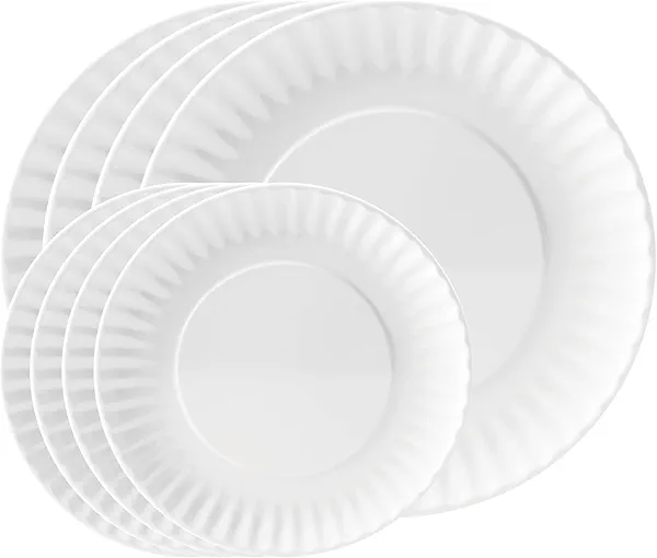 TP Melamine Dinner Plates Set of 8, 8" Salad Dessert Plates and 10.5" Dinner Plates, Dinnerware Set for 4, Indoors and Outdoors, White