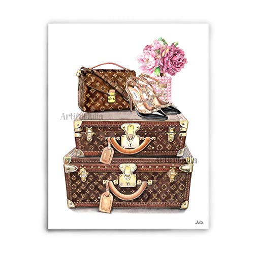 Handbag Shoes Perfume Artwork Fashion Art Flower Bottle Poster Fashion Watercolor Painting Black Fashion Shoes Art Print(NO FRAME, NO CANVAS) 8"x10"