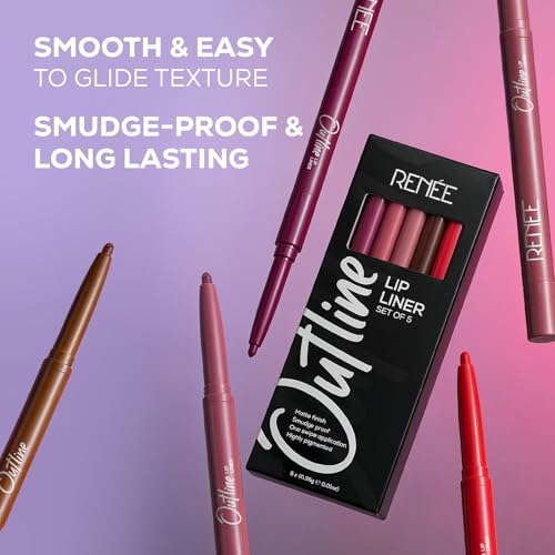 Image of RENEE Outline Lip Liner - Combo of 5 with Built-in Sharpener l Long Lasting l Smudge Proof l Smooth Matte Finish l Rich Color Payoff l One Swipe Application l Ultimate Precision l Easy to Glide