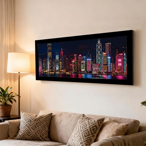 Image of PAINTINGMANTRA Vibrant Hong Kong Skyline at Night Cityscape Wall Art Framed Luxury Paintings for Home Decoration, Living room, Bedroom and Office Decoration (99x38 CM)