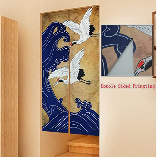 LIGICKY Retro Japanese Noren Doorway Curtain Linen White Crane Blue Wave Printed Asian Window Treatment Hanging Door Tapestry for Sushi Kitchen Home Decoration 33.5 x 59 Inch (Double Sided Printing) - Image 2