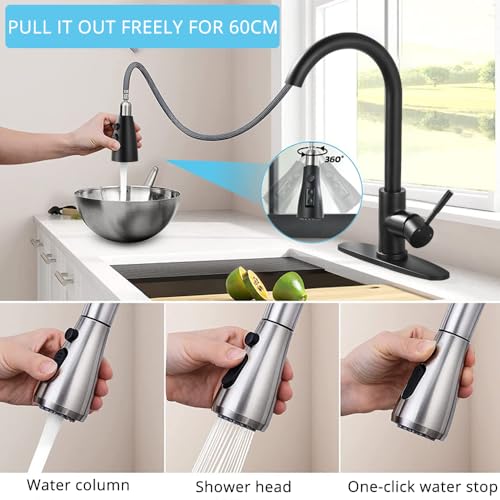 Image of Kitchen Faucet with Pull Down Sprayer Multitask Mode Single Handle High Arc Pull Out Kitchen Sink Faucet Offers Efficient Cleaning for RV (Black)