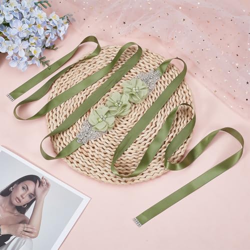 Wedding Bridal Belt Sash with Flower Rhinestone Pearl Satin Ribbon Bridal Belt Waist Sash for Wedding4