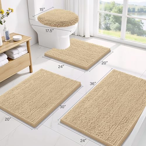 Image of Smiry Bathroom Rugs Sets 3 Piece, Soft Absorbent Chenille Bath Mat and U-Shaped Contour Toilet Rug, Machine Wash Dry Bath Mat Sets for Bathroom Tub and Floor (30 inchx20 inch+24 inchx16 inch+24 inchx20 inch, Beige)
