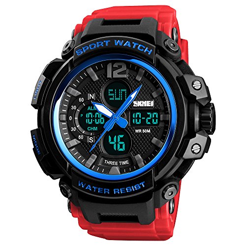 TONSHEN Hombre Multifuncional Deportivo Relojes Impermeable 50M Resistente al Agua Grande Plastico Caja y Goma Correa Alarma Cronómetro Fecha Analógico Cuarzo LED Tres Tiempo Reloj (Azul Rojo)