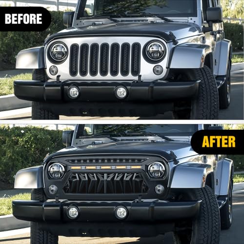 Image of Nilight Front Grill Cover for 2007 2008 2009 2010 2011 2012 2013 2014 2015 2016 2017 2018 Wrangler JK /JKU Rubicon & Sahara Sport with LED Amber Lights Black